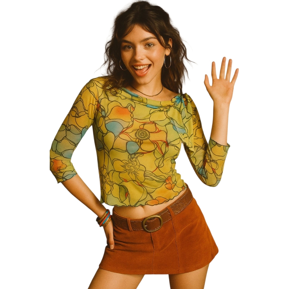 Caia Yellow Floral Tie Detail Mesh Small Blouse Small Y2K Tropical Island